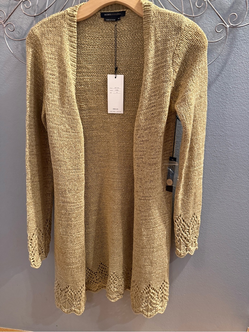 BCBG Olive-Gold Open Front Knit Cardigan